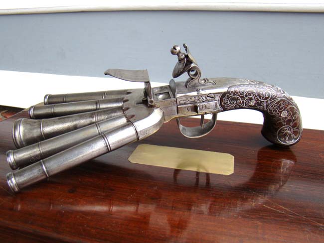 An exceedingly rare and possibly unique 5 barreled “Duckfoot“ pistol made by Joseph Bunney circa 1776